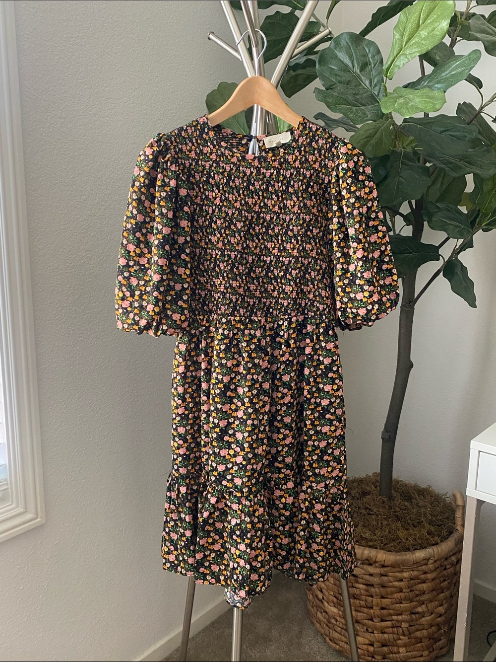 Melloday | Womens Smocked Mini Dress Black Floral Puff Sleeve